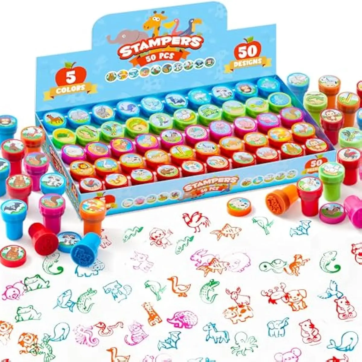 JOYIN 50 Pcs Animal Stamps for Kids, with 50 Different Designs, Farm,Sea Animals,Stamps for Crafting, Prize Box Toys for Classroom, Kids Party Favor, Birthday Party Favor Goodie Bag