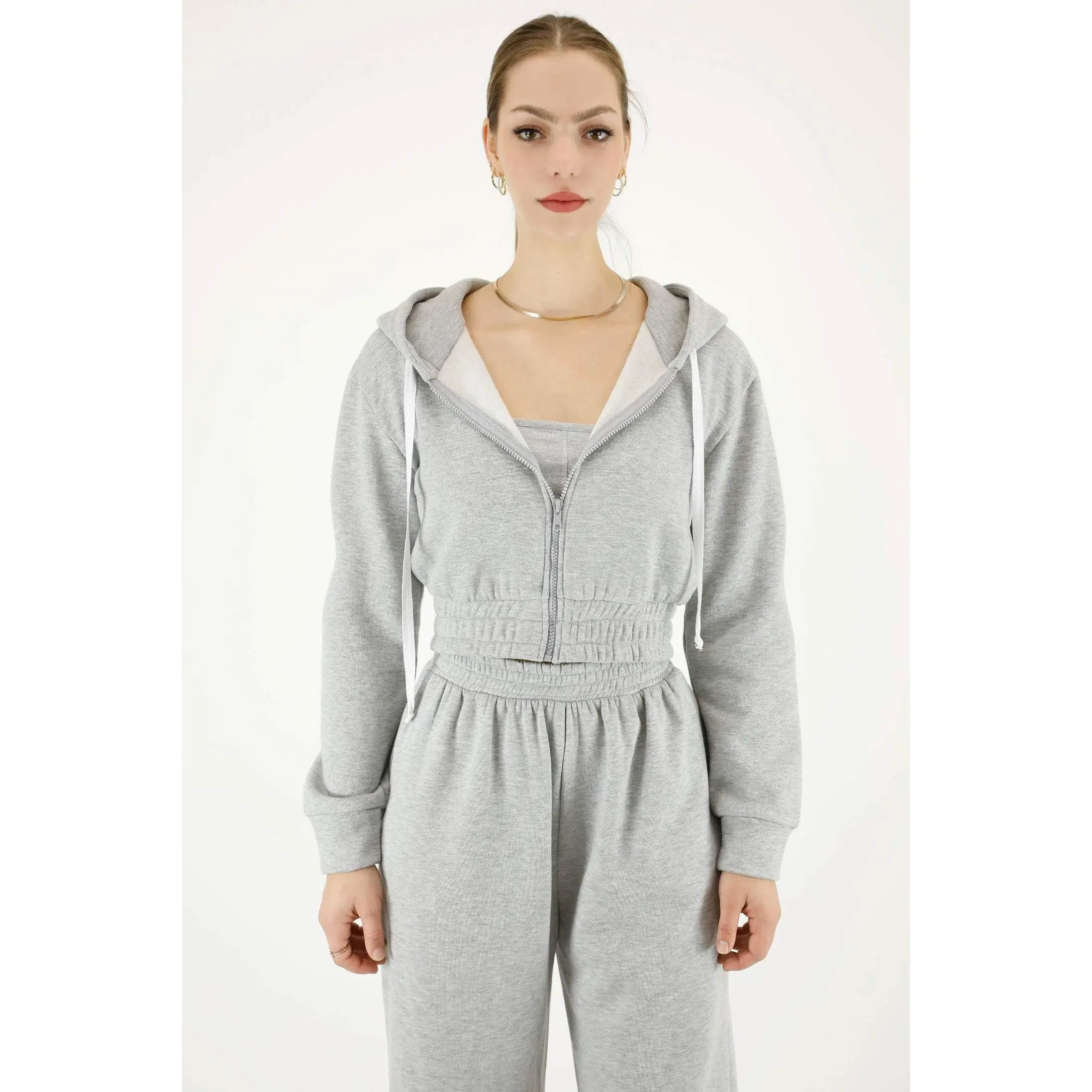 Premium cotton fleece zip up cropped classic hoodie with elastic hem bottom