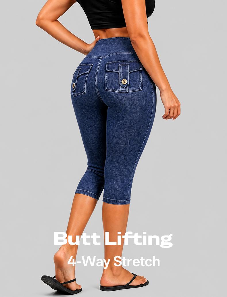 JOJOANS Women's Denim Capri Pants, High-Waisted Yoga Pants, Workwear-Style Pants with Pockets, Tummy-Tucking and Butt-Lifting Design, Women's Sports, Fitness, Running, and Soft Workout Yoga Leggings Spandex Womenswear