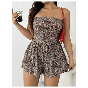Plus Size Leopard Print Strapless Tube Romper Sleeveless Wide Leg Jumpsuit Shorts