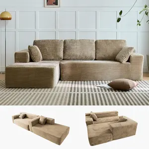 Corduroy Upholstered L-Shaped Modular Boneless Sectional Couch - No Assembly Required Modern Sofa with Oversized Chaise Lounge, Foam Cloud-Down Blend Loveseat, Adjustable Sleeper Futon for Contemporary Living Room Scandinavian Design Living Room Decor