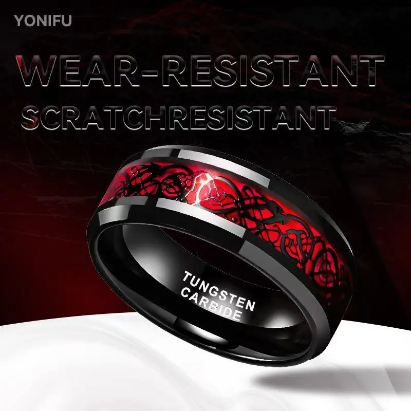 Yonifu 8MM Black-Red Celtic Dragon Tungsten Ring - Men’s Dark Aesthetic Engagement Ring, Wedding Band, Dark Aesthetic Rings