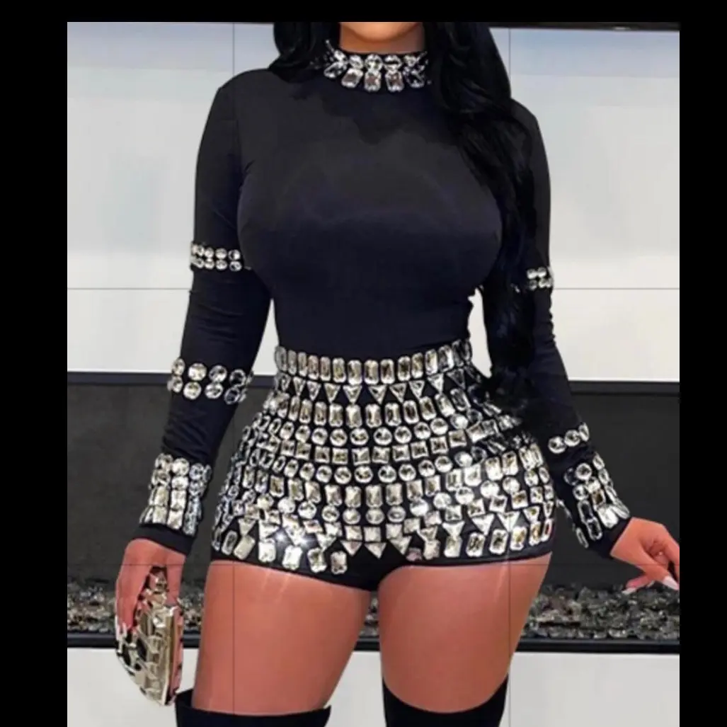 Stretchy Solid Color Playsuit with Rhinestones and Long Sleeves for Women