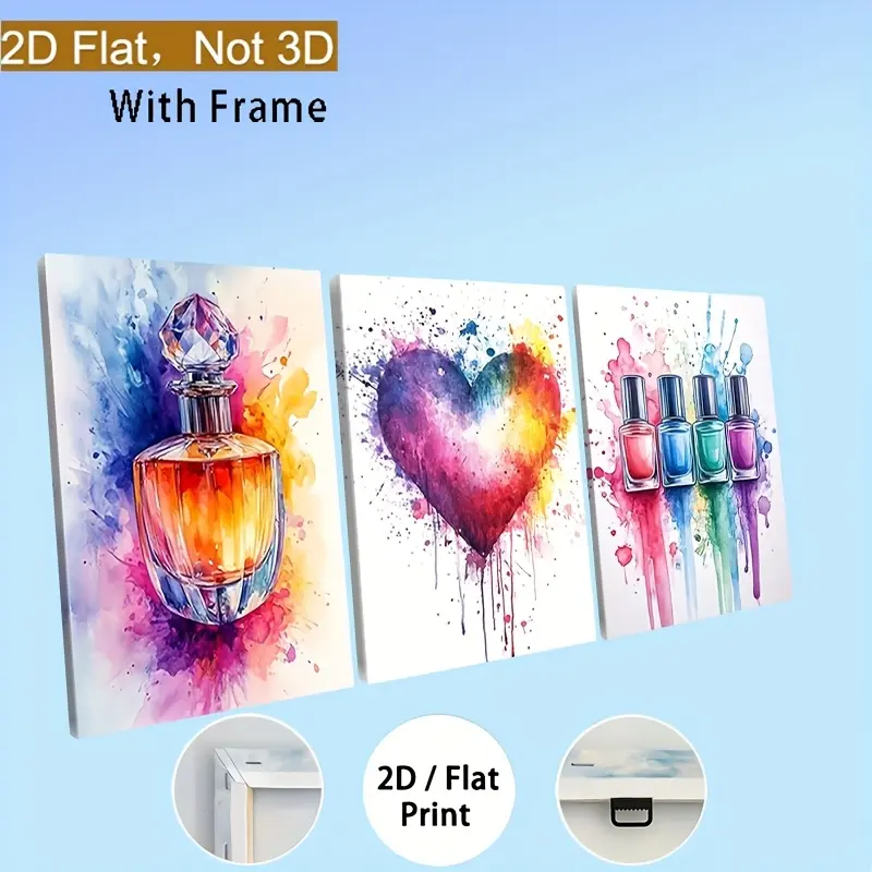 Glossy 2D Wood Frame Pre-Decorated Wall Art - 3 Triple-Panel Girly Print, Waterproof Minimal Wall Arts, Artistic Accents for Teen Girl Room, Pre-Decorated Wall Arts