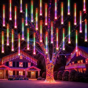 4th of July Independence Day Decorations - PEMOTech 24 Tubes Meteor Shower Lights, 30cm 576 LED Falling Raindrop Lights, Waterproof Outdoor Decor for Memorial Day Garden Pathway