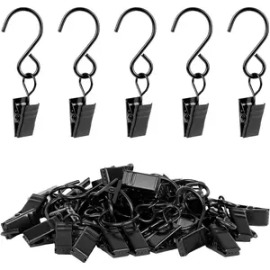 S Hooks with Clips 45 Pack 304 Stainless Steel Hanging Clips for Curtain Tapestries Party String Lights Christmas Decoration Gutter Tent Camper 2.4 Inch Black