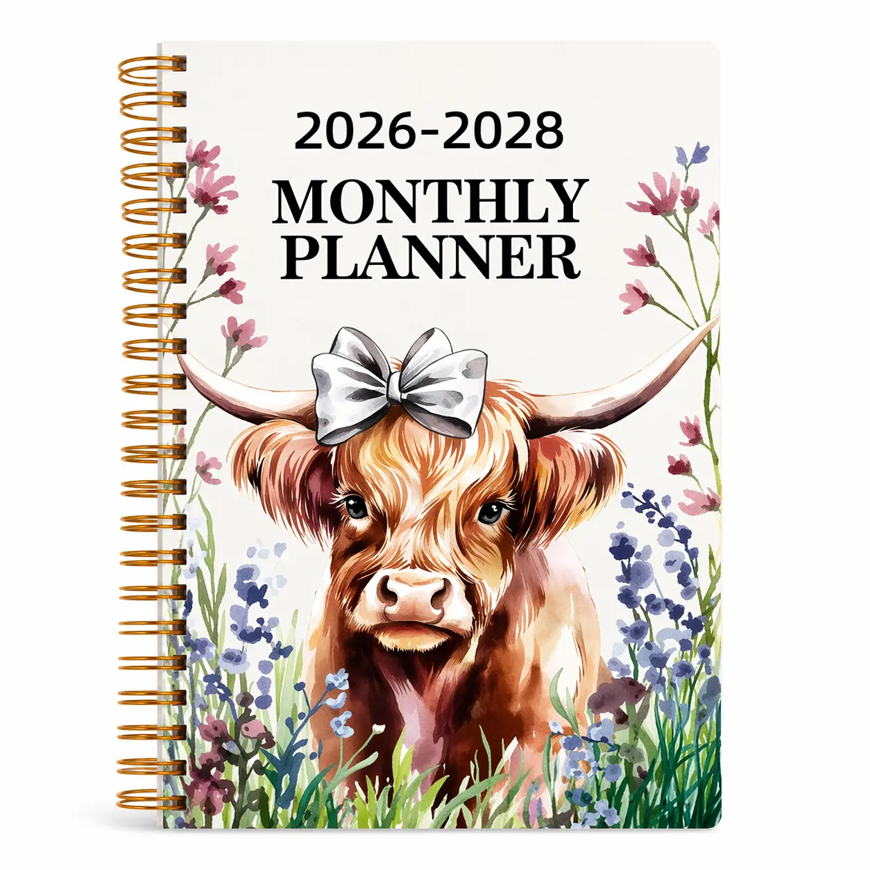 2026-2028 Highland Cow Floral 3-Year Calendar Planner, Weekly-Monthly Spiral Notebook, Cute Gift for Women, Ideal for Home Office Use