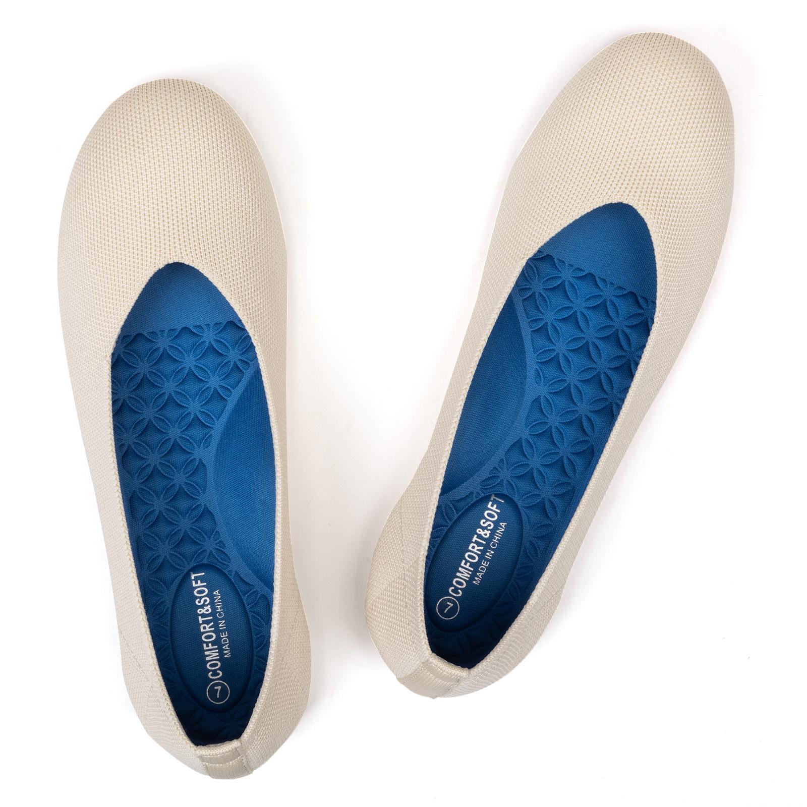 Flatgios Women's Ballet Flats Knitted Round Toe Flat Women's Walking Shoes Comfortable Casual Shoes Cream-7.5