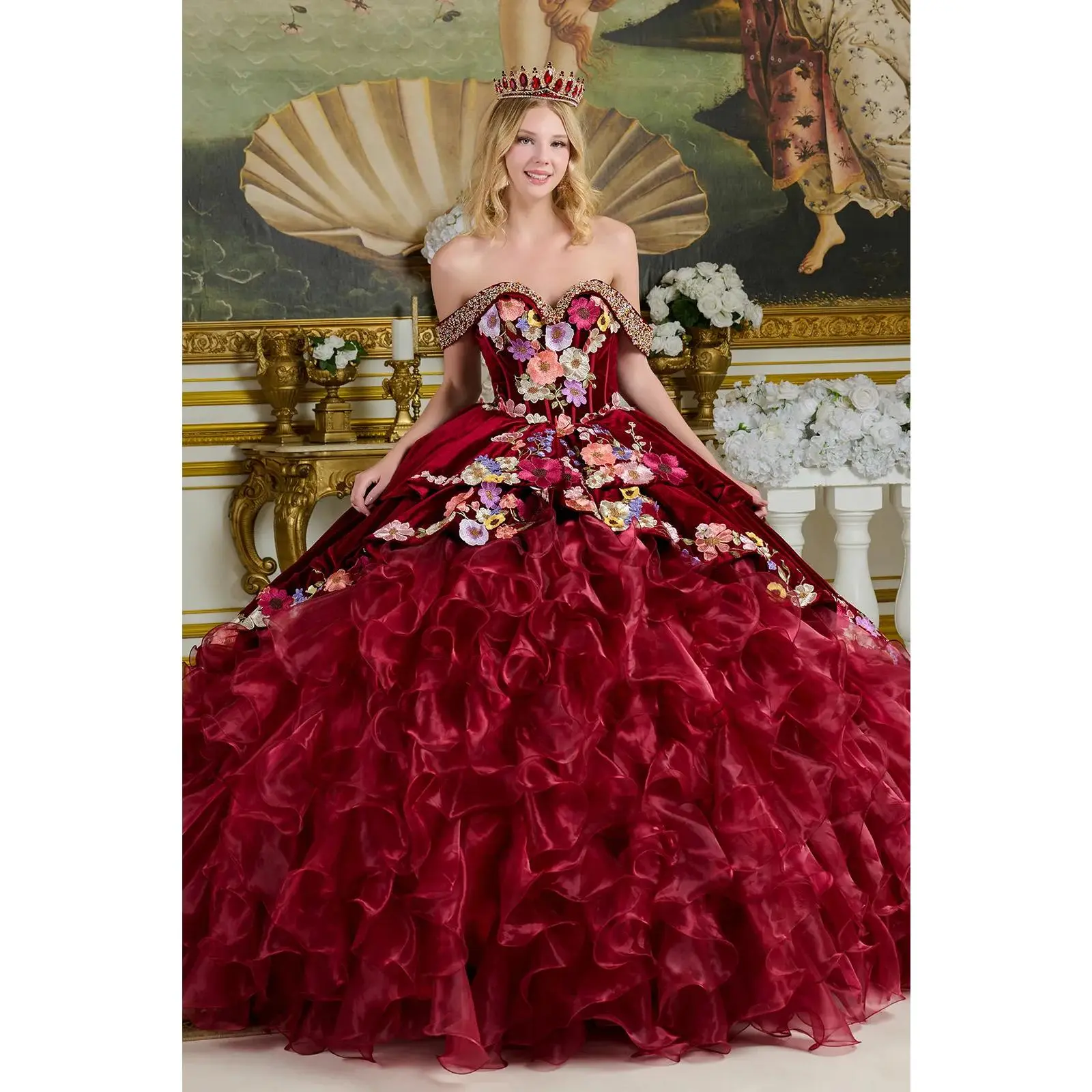 Burgundy Charro Quinceanera Dress Off Shoulder Ruffled Ball Gown by Elizabeth K GL3638