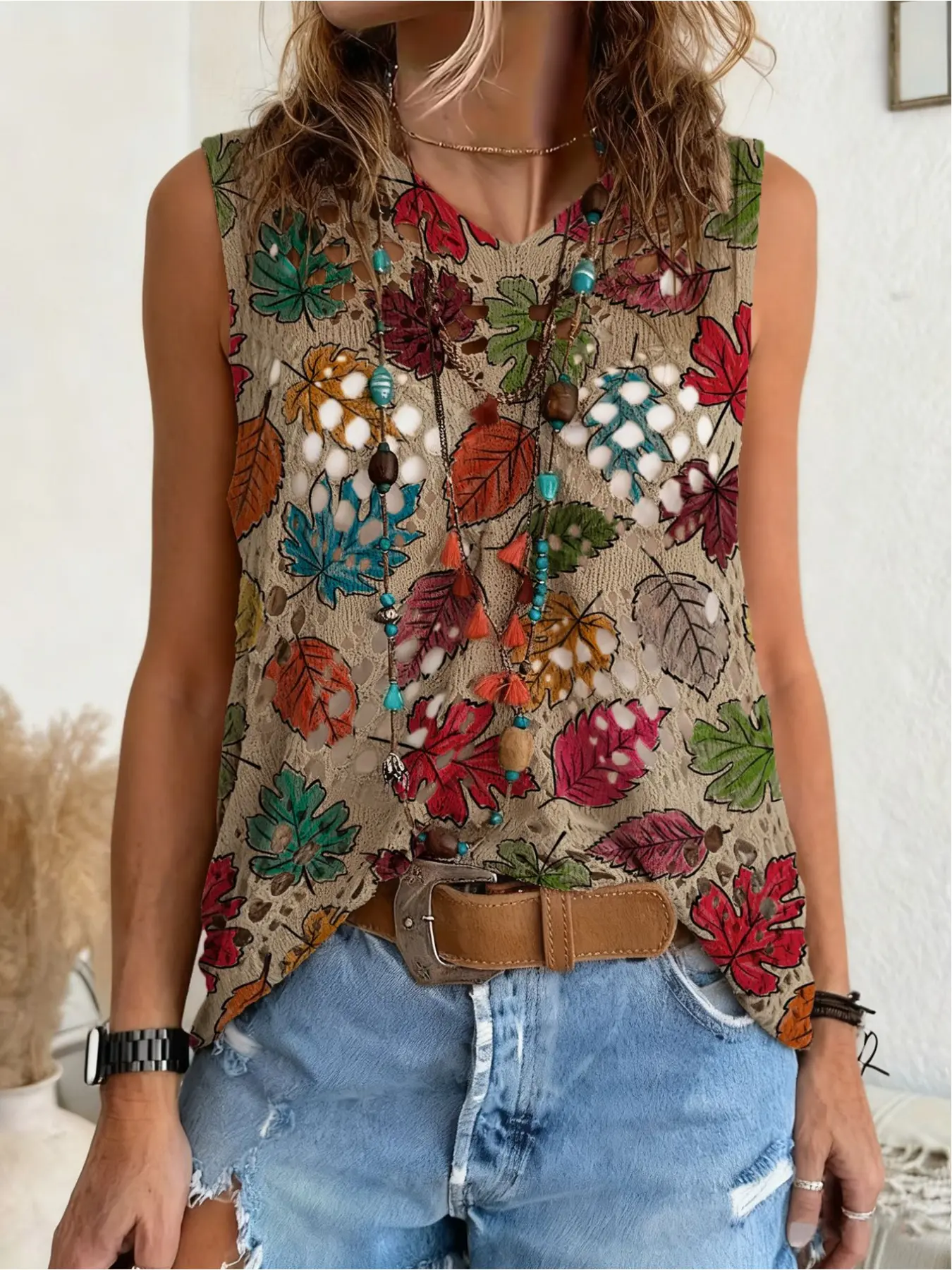Spring/Summer style, Womenswear, V-neck diamond cutout sleeveless cover-up, contrast gradient Floral leaf print women's knit top, vacation style, casual, commute-friendly, bikini cover-up