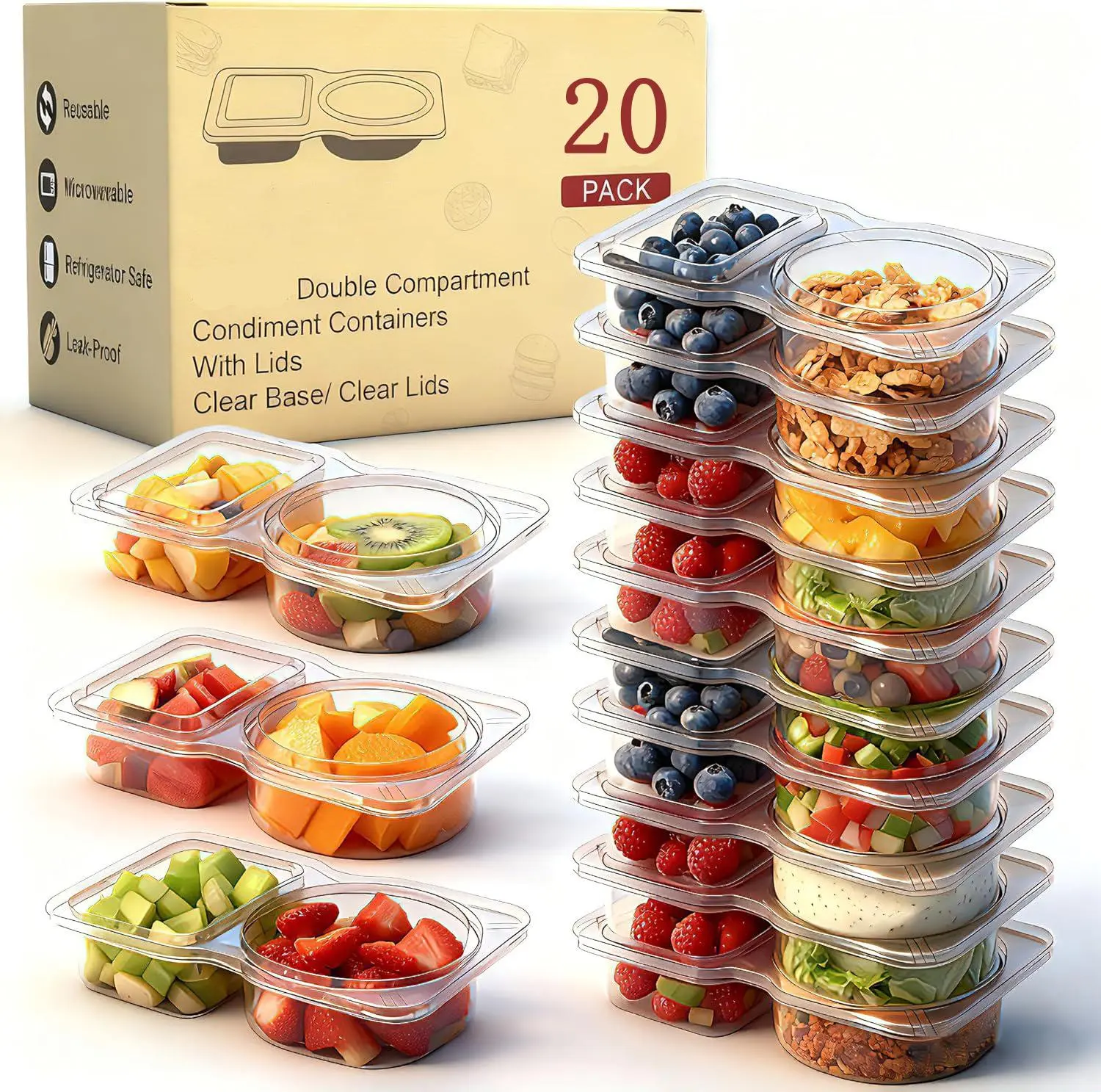 20 Pack Reusable Snack Containers with Lids, Double Compartment Snack Boxes, BPA-Free Plastic Portion Control Containers, Leakproof Meal Prep Snack Packs for Kids & Adults, Work, School, Travel