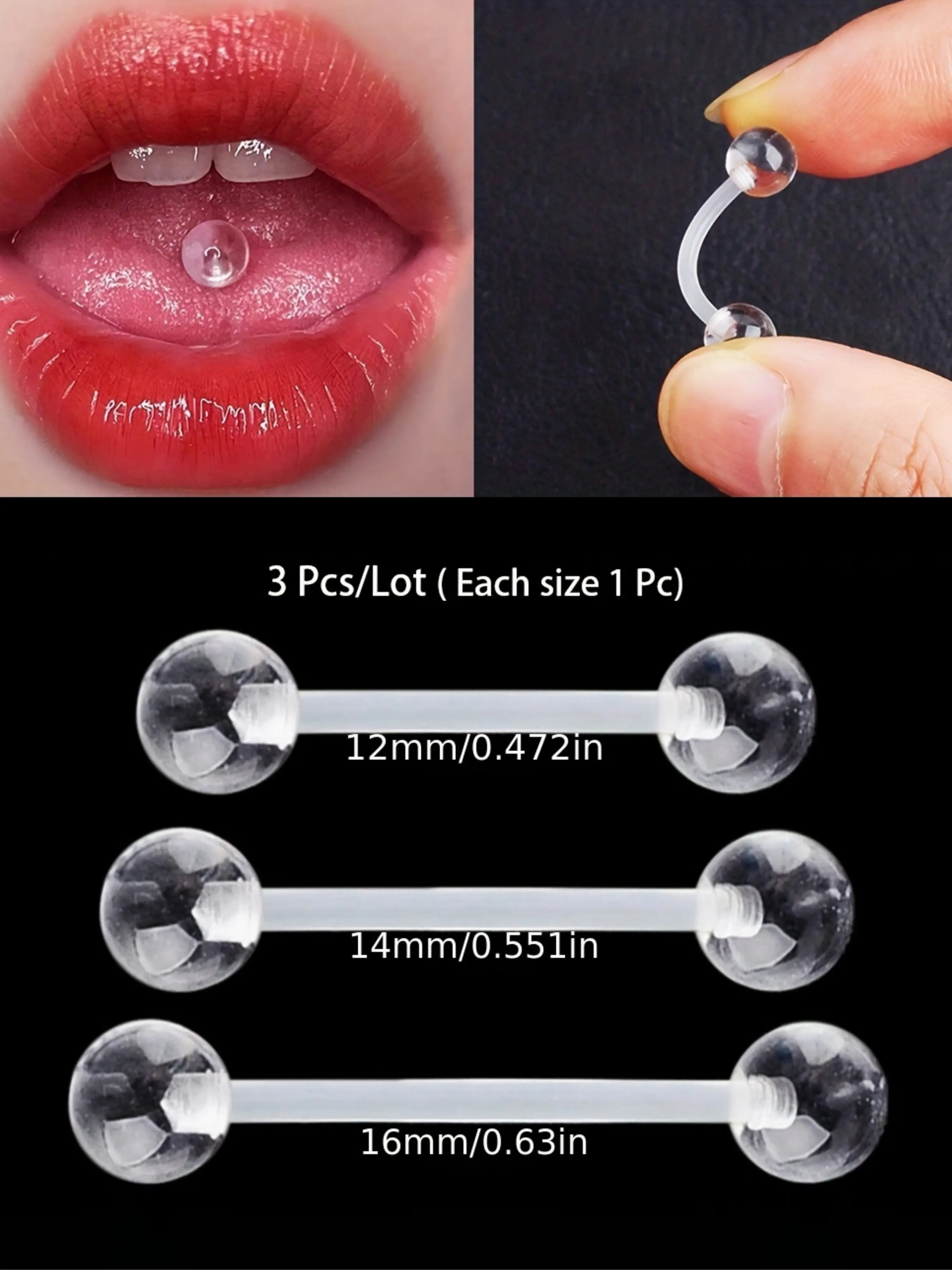 3pcs Set Soft Transparent Invisible Acrylic Barbell Rod, Multiple Sizes, Tongue Frenulum Piercing Stud, Tongue Web Piercing, Body Piercings, Body Jewelry Accessories, Fashion Body Jewelry, Clear Piercing Jewelry, Labret Studs