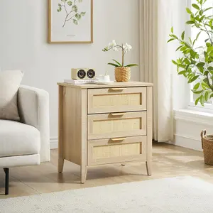 【Christmas Gift】IDEALHOUSE Nightstand, Ratten End Table, Ratan Nightstand Boho Cabinet with 3 Natural Rattan Drawers, Bedside Table with Storage Drawers for Bedroom, Rattan Cabinet, Living Room, Natural