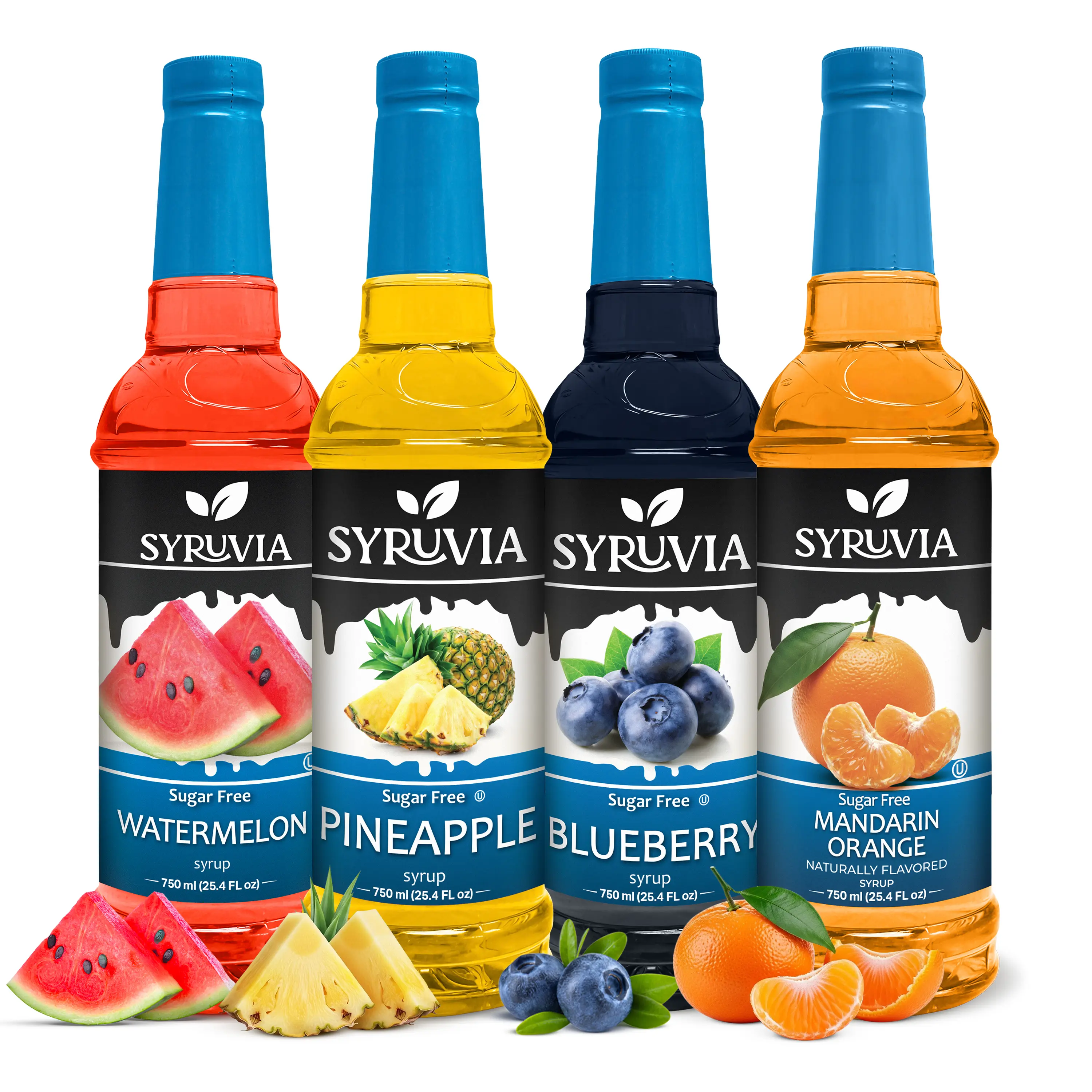 Syruvia Sugar Free Tropical Fruit Syrup Variety Pack - Watermelon, Pineapple, Blueberry & Mandarin Orange - Gluten-Free, Kosher, 25.4 fl oz Bottles - Fresh Flavors for Lemonades, Sodas & Teas (4-Pack)