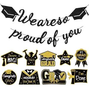 Graduation Decorations 2026 - Class of 2026 Party Supplies Kit with Pre-Strung Black and Gold Glitter "We Are So Proud of You" Banner & Congrats Grad Cutouts Signs for High School, College, Home & Car