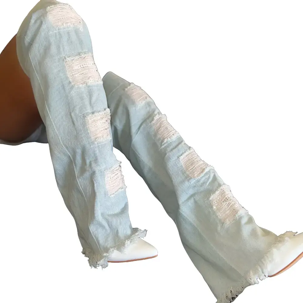 CUBININ White/Denim STILETTO BOOT WITH DISTRESSED DENIM FOLDOVER