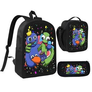 Rainbow Friends Backpack Set With Lunch Box & Pencil Case 3 In 1 For Boys Girls Teens Schoolbag 600D Oxford Cloth Lightweight Large Capacity Adjustable Straps Comfortable Mesh Back Cushioning Junior