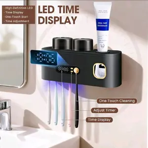 Smart Toothbrush Sterilizer USB Charging with LED Time Display 5-Slot Holder 2 Cups Automatic Dispenser Modern Bathroom Rack for Dental Hygiene