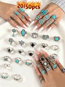 Boho Style Turquoise Decorated Ring Set, Vintage Stackable Rings for Women & Men, Fashion Accessories for Daily Wear, Trendy All-match & Exquisite Jewelry for Birthday Gift