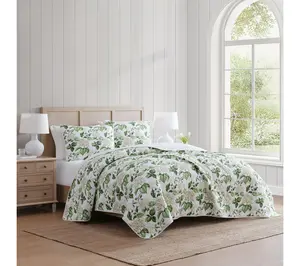 Martha Stewart Hydrangea Floral Taupe Cotton Queen Quilt Set