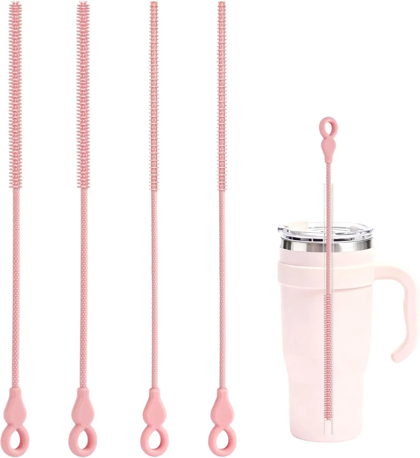 Silicone Straw Cleaner Brush, 4-Piece Reusable Straw Brush Set with Extra-Long Design for Cleaning Thin Metal Straws and Wider Milkshake Straws （6Mm+9Mm Pink) TenderBloom