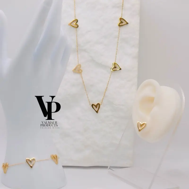 Valmaur Products Love Heart Set - Gold Plated Stainless Steel Necklace Bracelet & Earrings Hypoallergenic Gift Set
