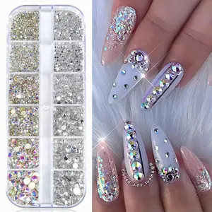 12 Grid Nail Rhinestones Set DIY Rhinestone 15mm to 4mm 3D Nail Art Glass Crystals AB and Clear Nail Stones Flatback Charms Multi Shape Nail Diamonds, Bling Rhinestone Decoration, for Acrylic Nails and Nail Art Decoration Rhinestone Decorations