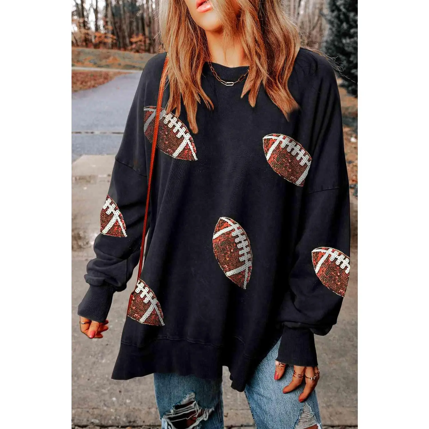Womens Sweatshirt-Sequin Football Patch Slit Sweatshirt