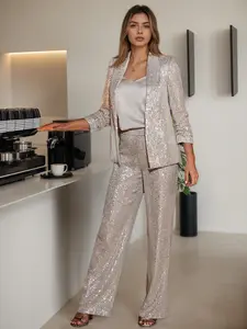 Women's Wide Leg Pants Set, Sequins Patchwork Design, Formal Elegant Style for Evening Parties, High-End Cocktail Events, Fashionable