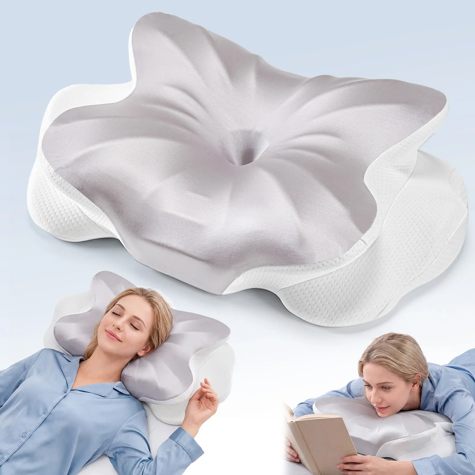 Silky Satin Ergonomic Contour Pillow, Dual Height Butterfly Cervical Support Memory Foam Pillow for Side Back Stomach Sleepers, Cooling Silk Surface Neck Pain Relief Bed Pillow