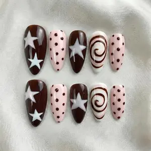 Chocolate Brown Press On Nails, Star Swirl, Pink Polka Dot, Almond Shape
