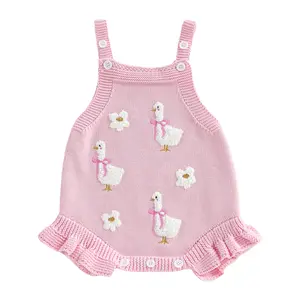Baby Girl Silly Goose Flower Romper Sleeveless Adjustable Spaghetti Strap Ruffle Hem Sweater Overalls Onesie Bodysuit Outfit Summer Clothes #Summervibes