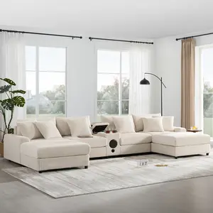 144 Inch Corduroy Sectional Sofa with Bluetooth Speakers U Shaped Couch Console USB Charger Cup Holders Storage Ottoman Deep Wide Seat Cloud Sofa for Living Room Apartment Modern Home Theater Furniture Wireless Audio System Comfortable Seating