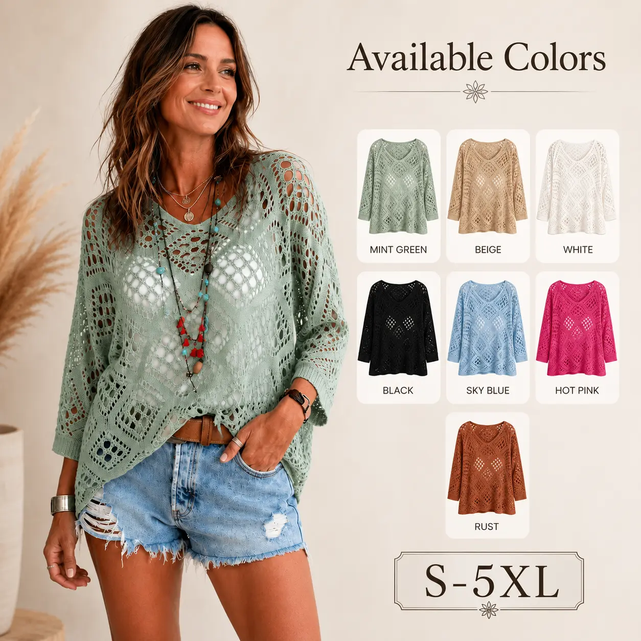 Women's V Neck Open Knit Crochet Top, Loose Batwing 3/4 Sleeve Hollow Out Blouse, Lightweight Breathable Casual Layering Shirt, Sizes S-5XL, 7 Fashion Colors Available