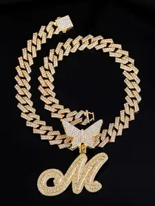 Hip Hop Style Butterfly Letters Pendant Necklace, Cuban Link Chain, Unisex Iced Out Bling Jewelry, Ideal Gift for Friends