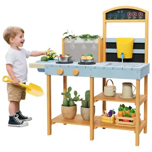 Outdoor Wood Mud Kitchen for Kids, Wooden Play Kitchen w/See-Through Planter Box, Removable Sink & Faucet, Chalkboard, Storage Shelves＆Pretend Stove, Toddler Playset for for Children Ages 3+