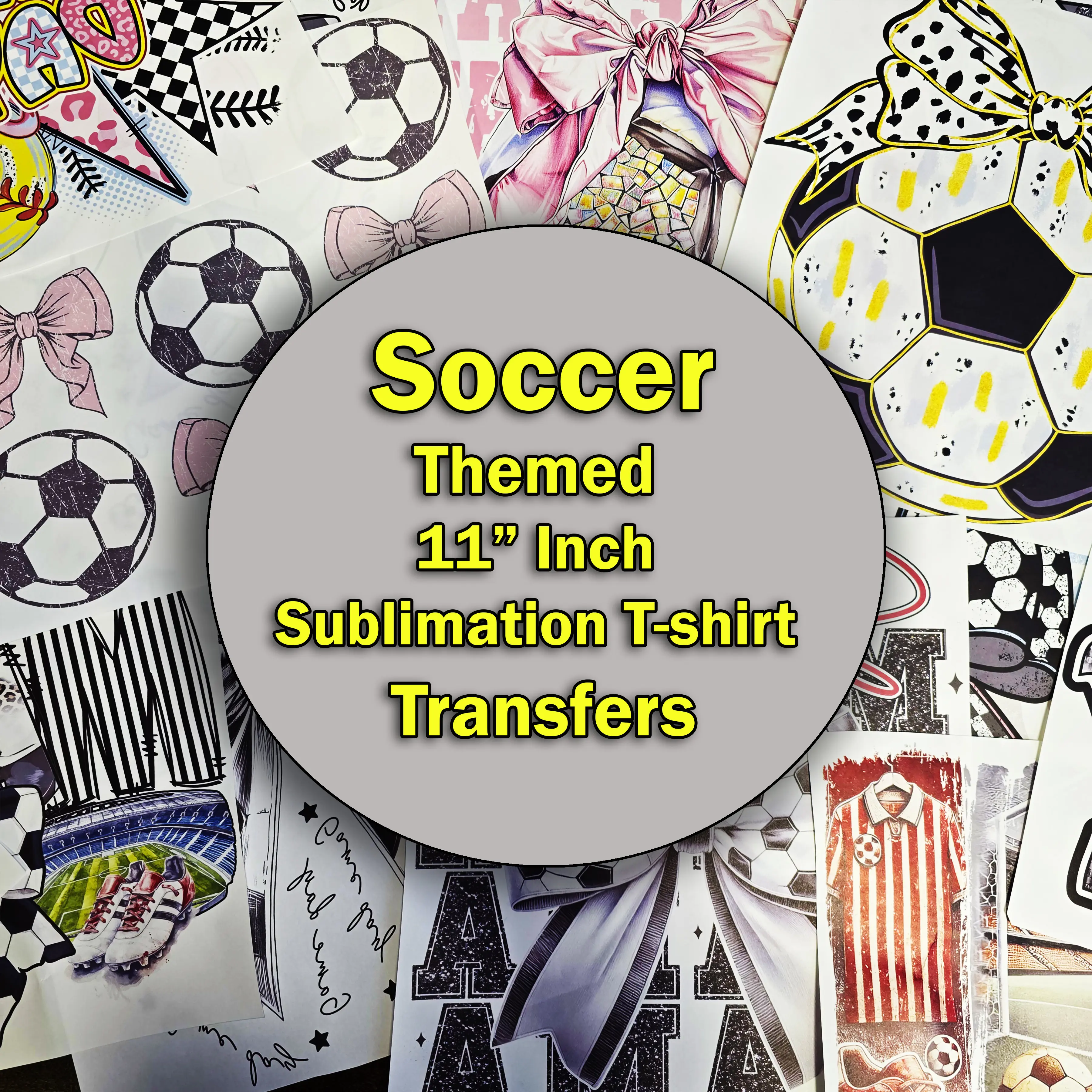 11-Inch Soccer Theme Sublimation Transfer – Requires Heat Press, Cricut Press. Sublimation transfers for light polyester shirts.