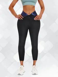 Women's Solid Hook & Eye Closure Front Sauna Pants, High Waist Compression Slimming Leggings, Workout Body Shaper, Women's Sauna Pants for All Seasons