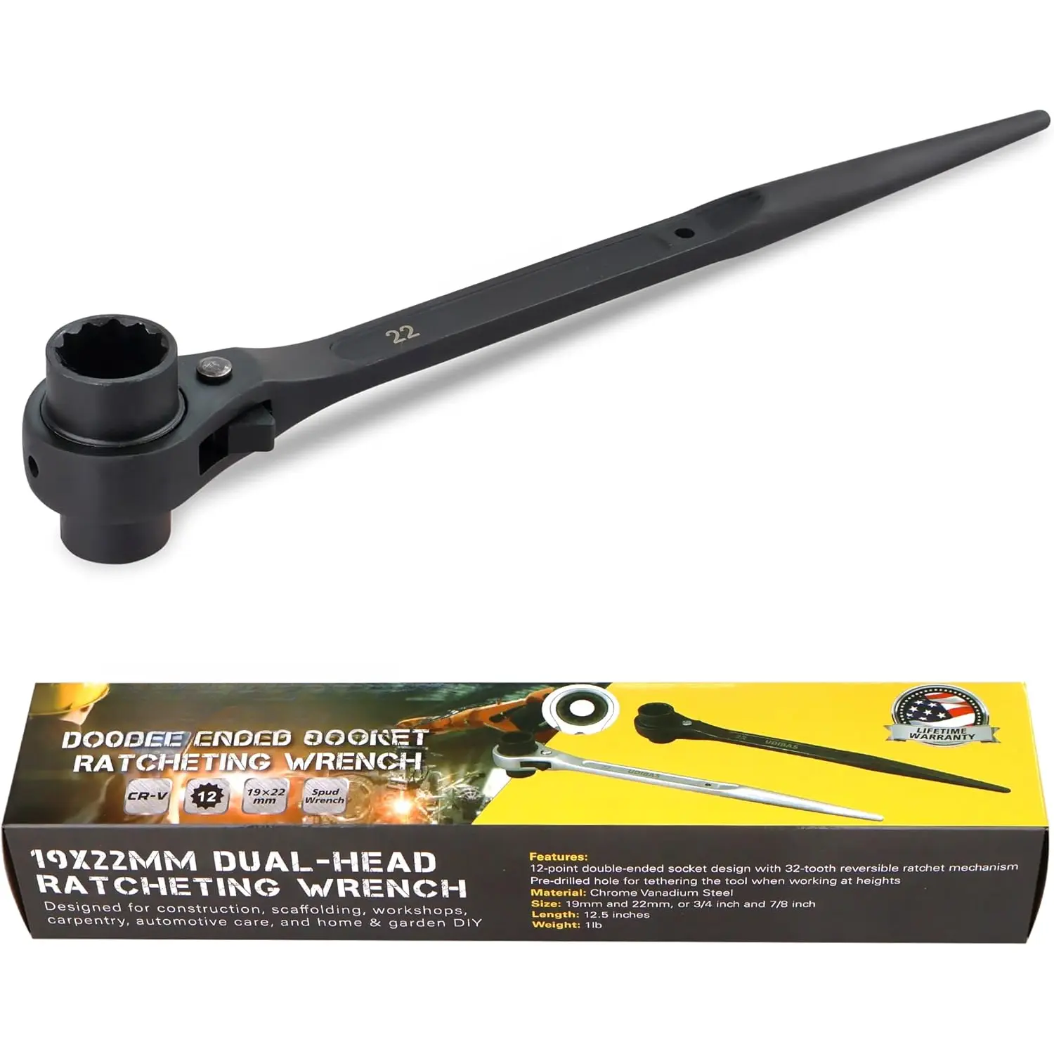 Reversible Ratcheting Wrench,19mmx22mm (or 3/4" x 7/8") Professional Grade 12 Point Double Ended Socket Ratcheting Podger Scaffold Spud Wrench,Black