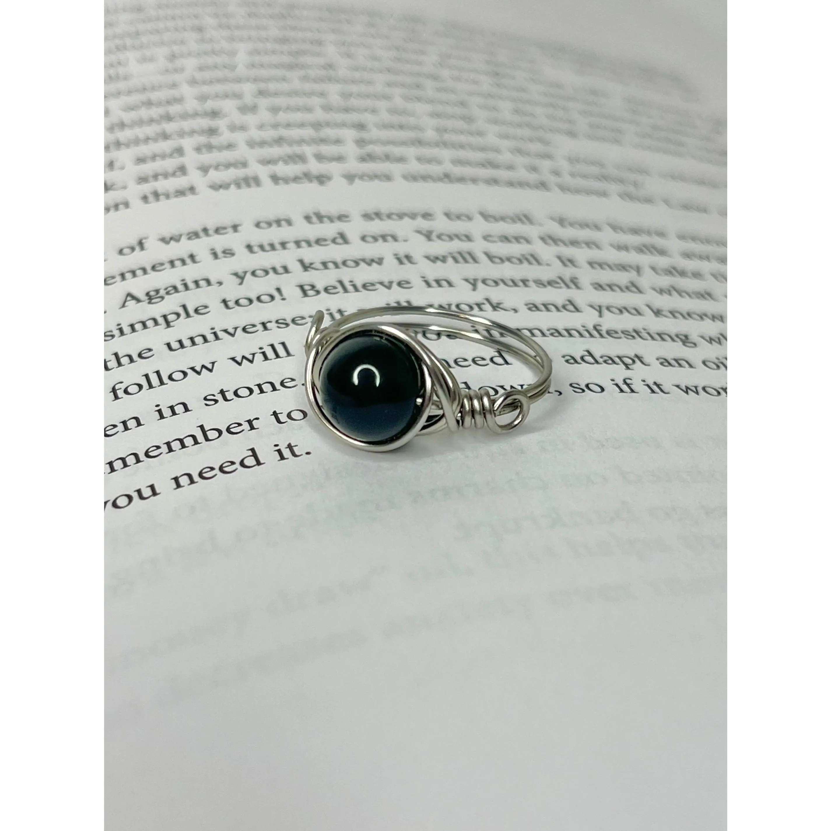 Obsidian Stainless Steel Wire Wrapped Ring - Unisex Elegant Casual Everyday Ring, Wire Wrapped Jewelry for Scorpio, Promotes Mental Strength, Protection, Willpower