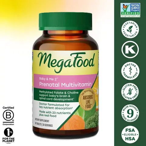 MegaFood Baby & Me 2 Prenatal Multivitamin Tablets - Doctor-Formulated Daily Nourishing Health Supplement, Non-GMO Project Certified, Dairy-Free, with Folate, Choline, Iron, B12, Dual Brain Support, 30 Servings for Mom’s Selfcare Prenatal Support