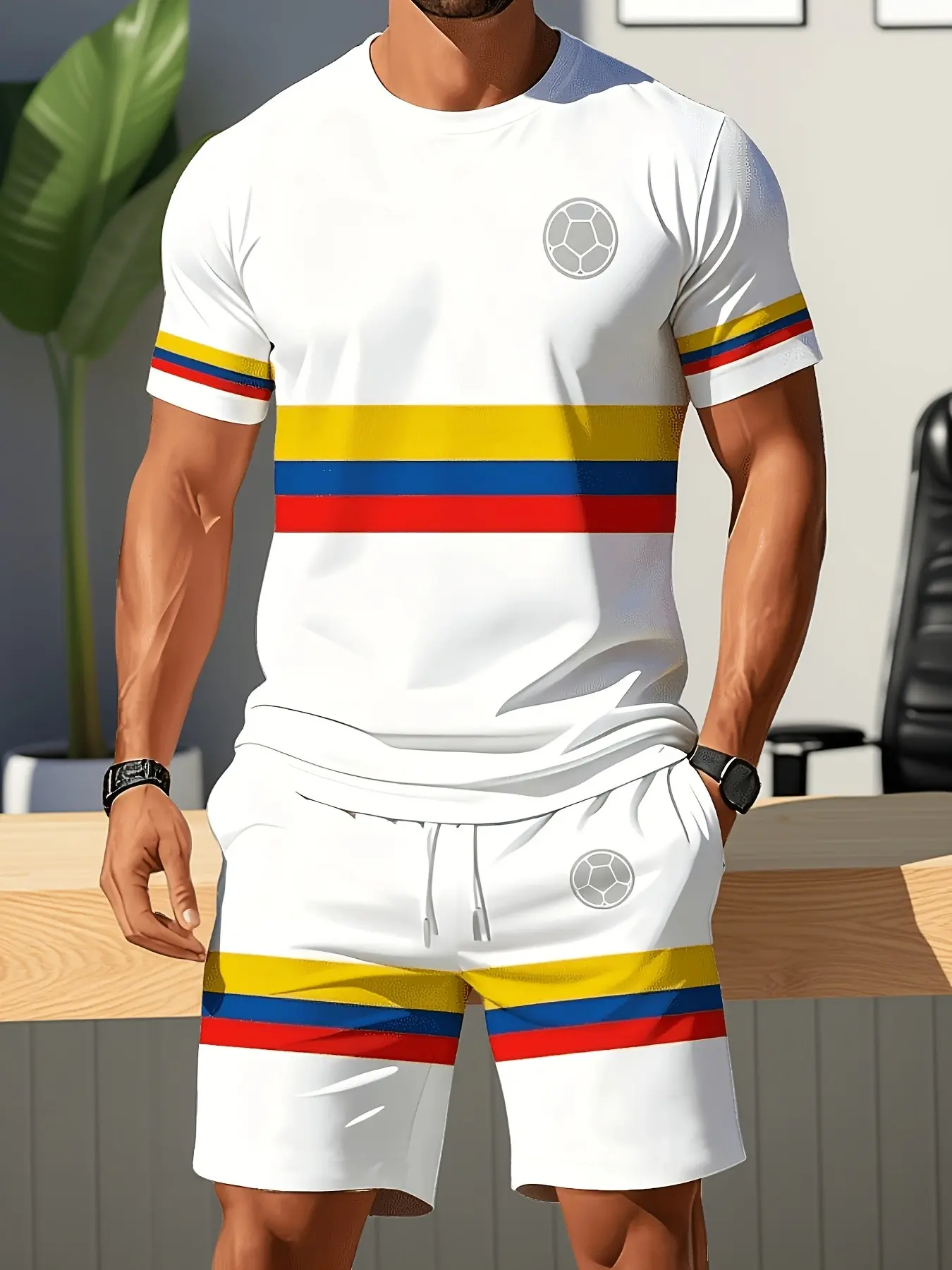 Men's Columbia Flag Color Stripe Soccer Print T-Shirt & Shorts Set, Casual Sportswear, Athletic Clothes Set, Daily Wear, Loose-Fitting, All Seasons