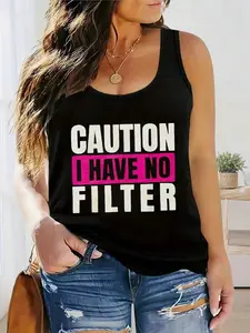 Plus Size, Women's Vest T-Shirt - Lightweight 180gm² Fabric, Caution I Have No Filter Warning Design, 95% Polyester + 5% Elastane, Round Neck Sleeveless Top For Casual Attire, Perfect For Summer And Spring, Ideal Gift