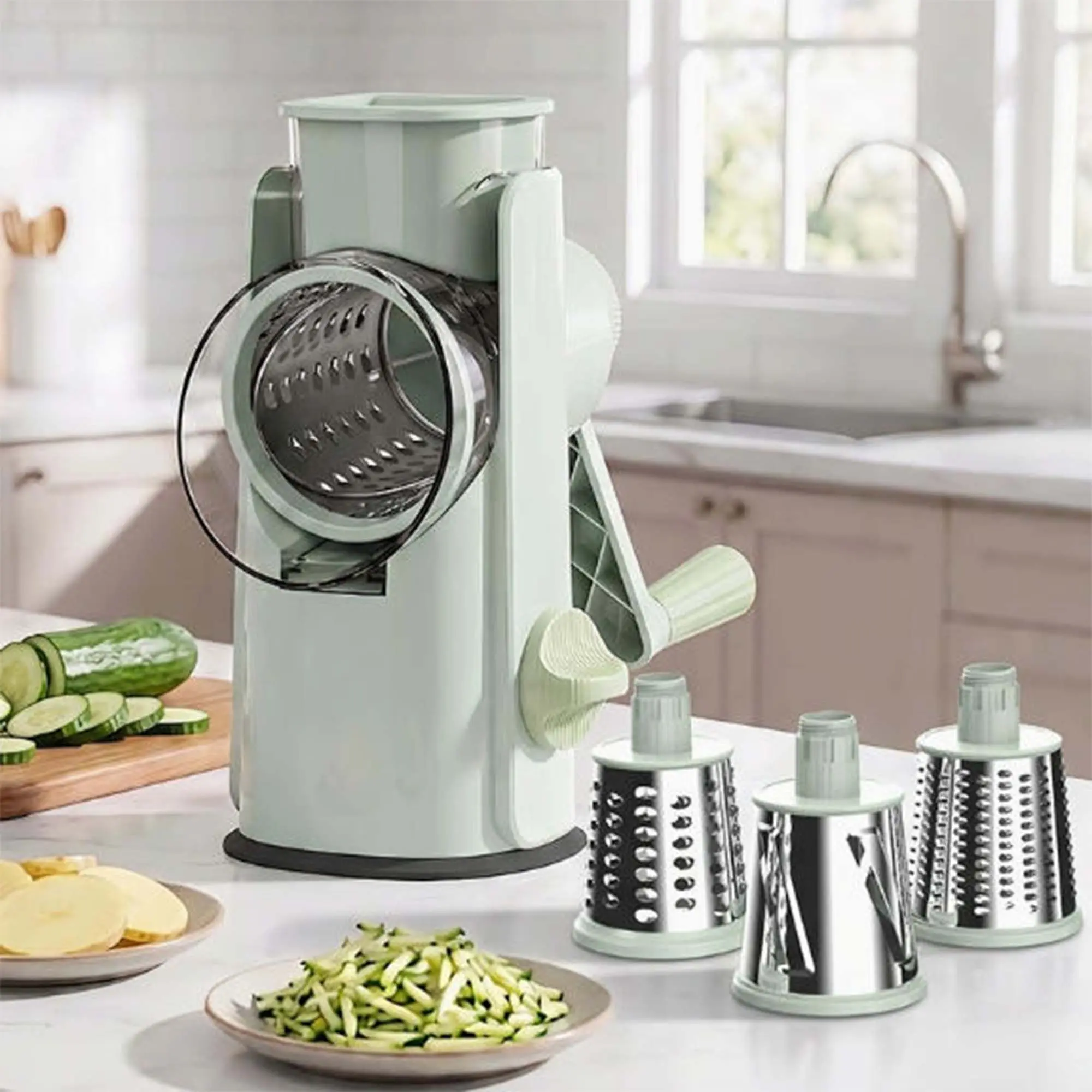 3-in-1 Manual Rotary Cheese Grater with Handle, Interchangeable Stainless Steel Drum Blades, Strong Suction Cup Base, Stability Cup, Multi-Function Home Prep Tool for Hard Cheese, Clean Consistent Cuts, Rotary Blade Kitchen Utensil