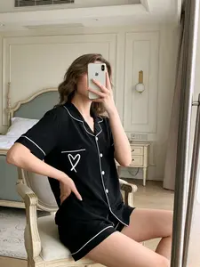 Two-Piece Women's Pajama Set with Button Down Short Sleeve Print Cardigan and Shorts, Cute and Comfortable Loungewear for All Seasons