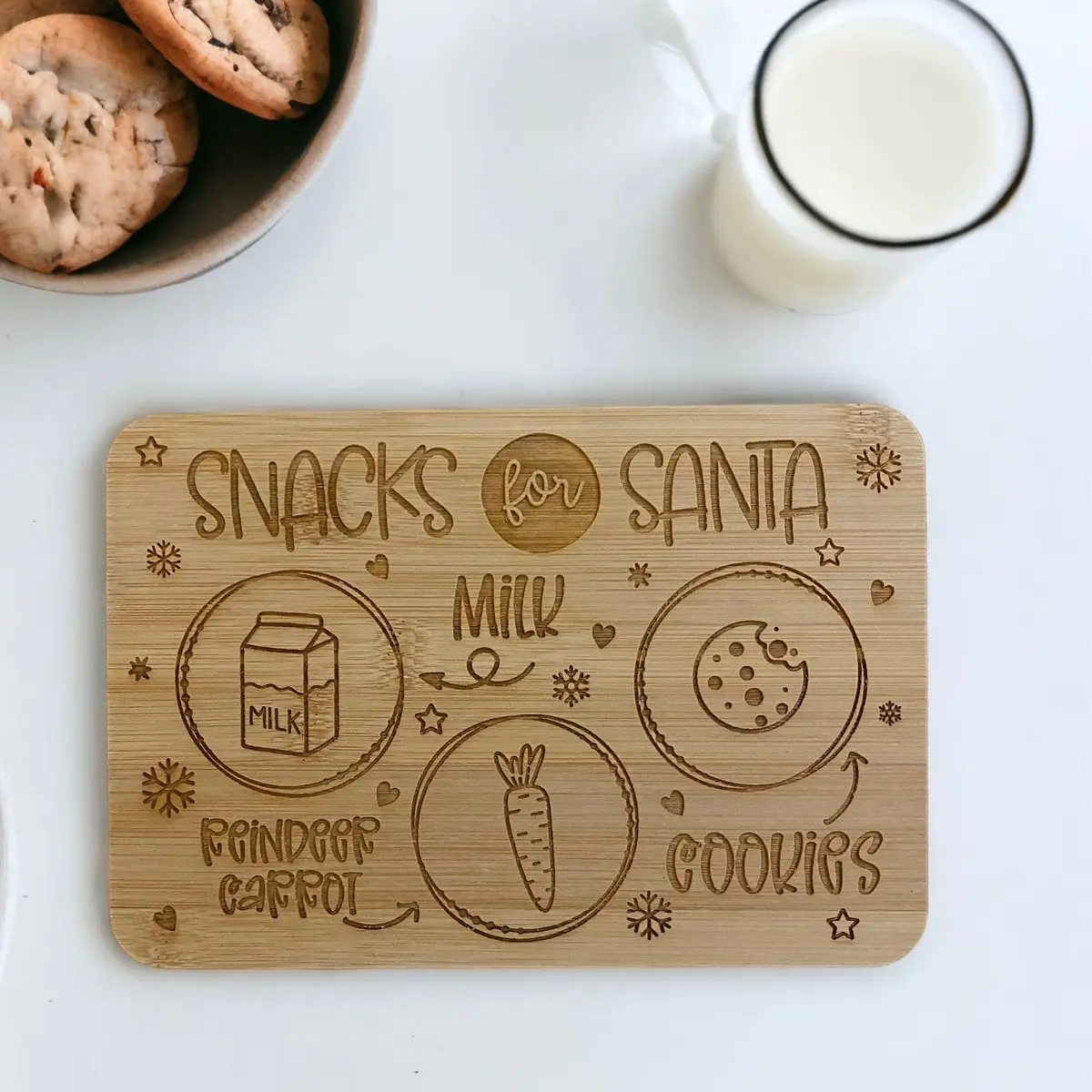 Santa Claus Christmas Cookie Plate Serving Tray Bamboo Engraved Wood Board