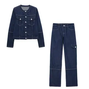 Crewneck Line Button Down Denim Jacket and Jeans Set