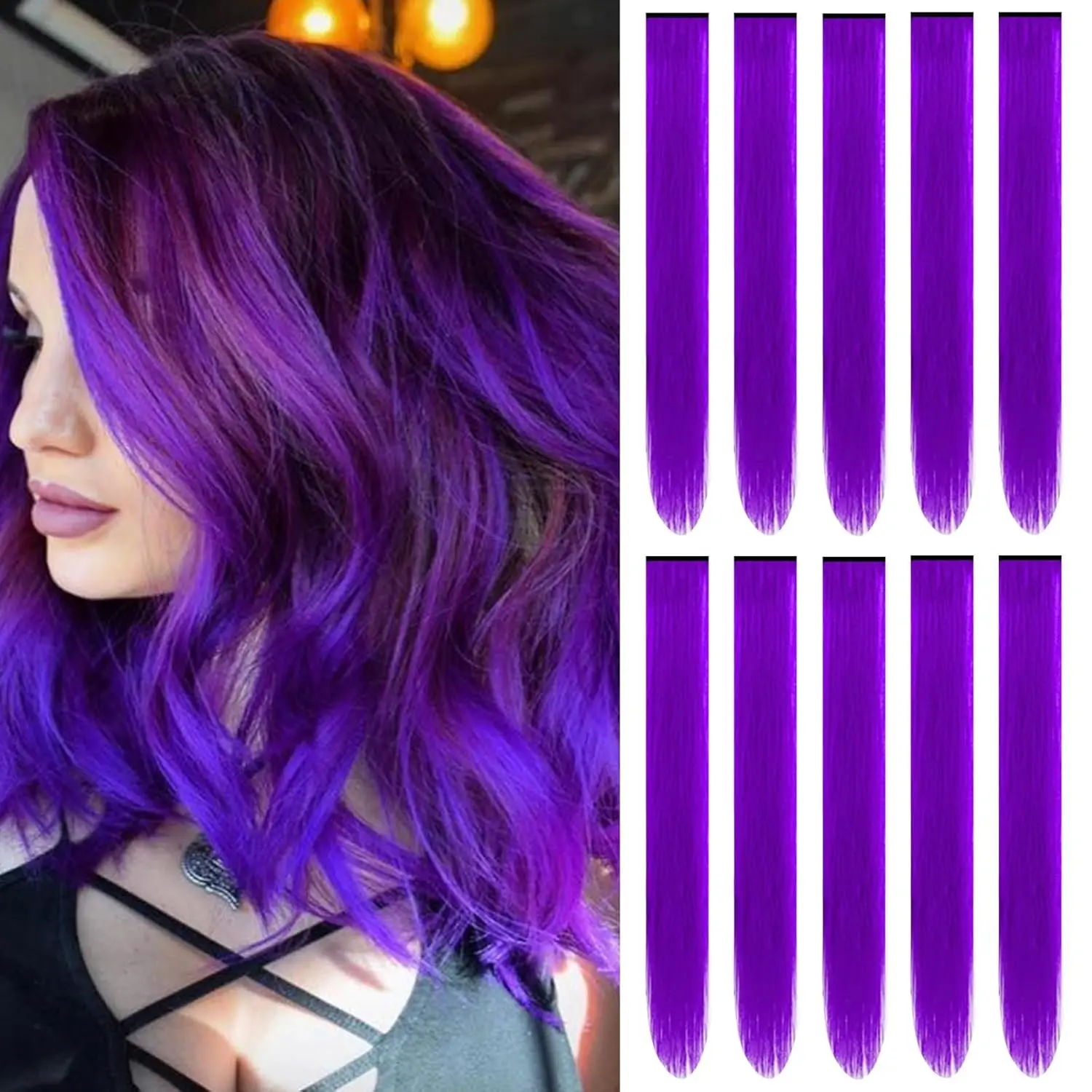 22 inch Colored Hair Extensions Straight Hairpiece, Multi-colors Party Highlights Clip in Synthetic Hair Extensions for Women  Girls Favor Halloween   (10pcs Purple)