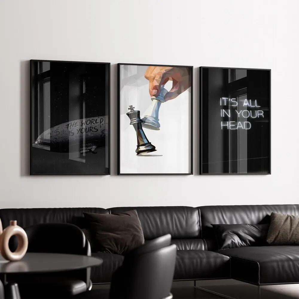 The World Is Yours Wall Art Set of 3, Chess Strategy Poster, It's All In Your Head Print, Motivational Mindset Decor, Digital Download