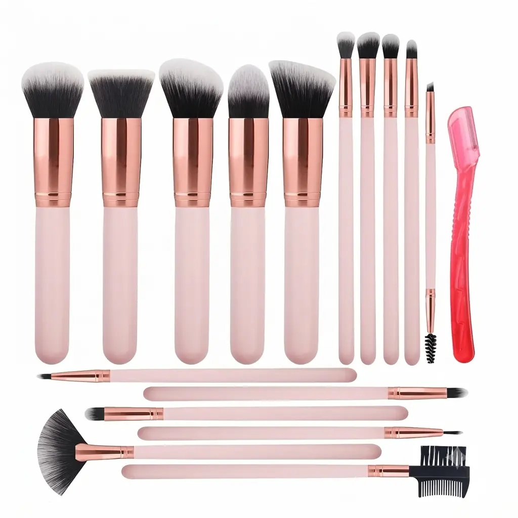 Brush Set 16 Pcs with 1 Eyebrow Razor Premium Synthetic Foundation Powder Concealers Eyeshadow Blush Makeup Brushes Make up Brushes Kit (Pink)